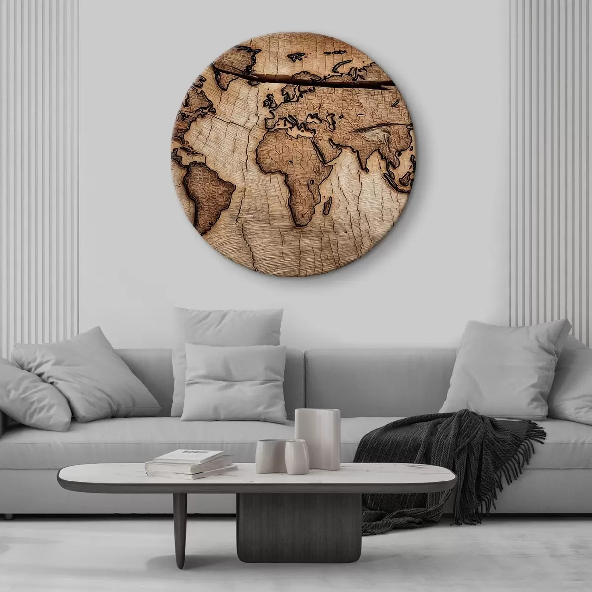 Ronde schilderijen Gegraveerde houten wereldkaart r45805