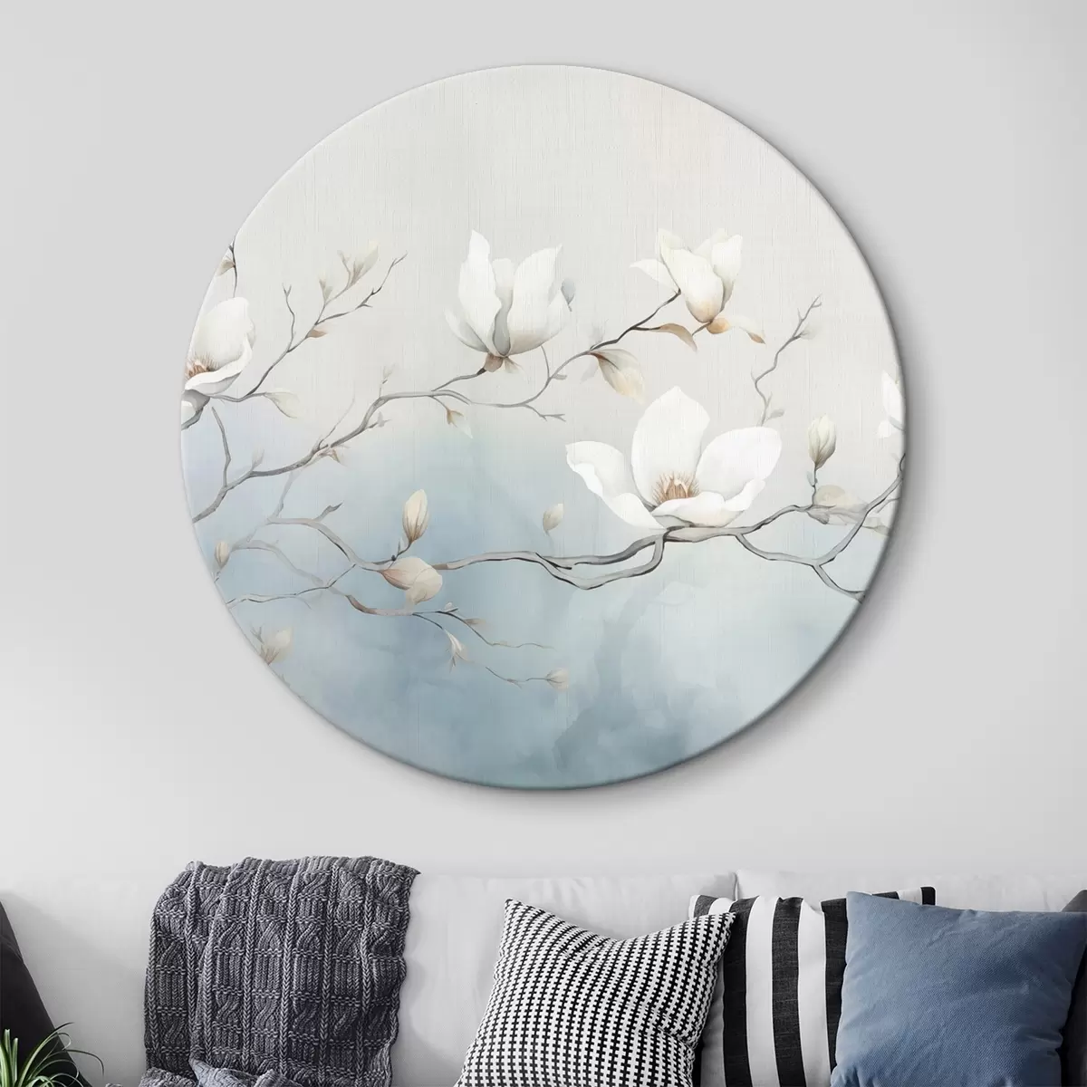 Ronde schilderijen Magnoliatakken met witte bloemen op een delicate achtergrond r45806