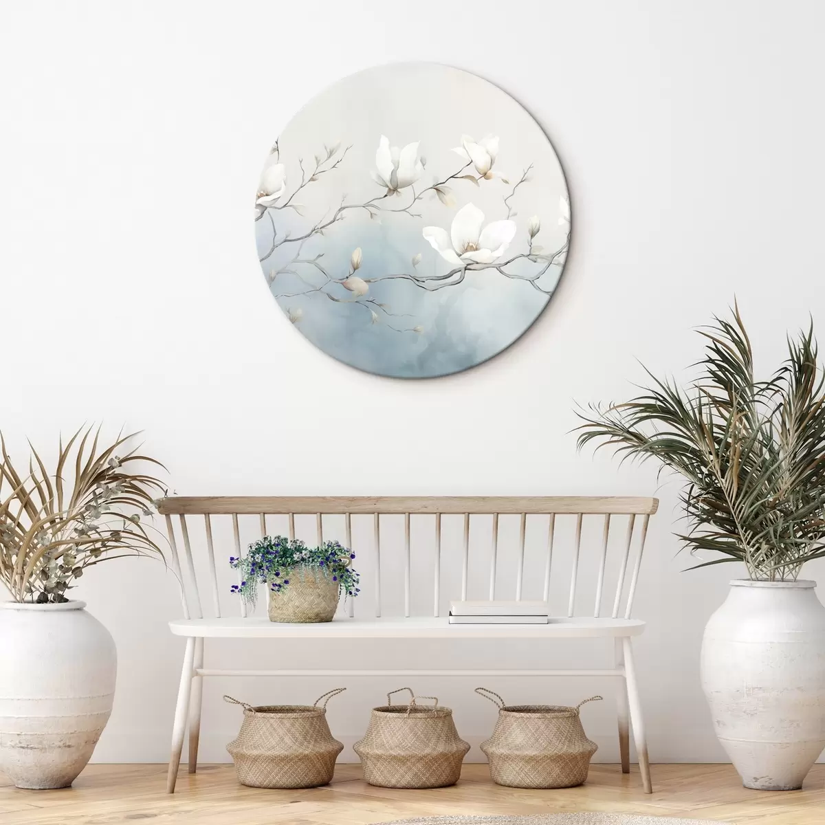 Ronde schilderijen Magnoliatakken met witte bloemen op een delicate achtergrond r45806