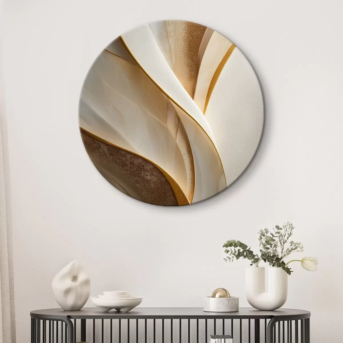 Ronde schilderijen Abstracte rondingen met geeloranje en beige accenten r45807