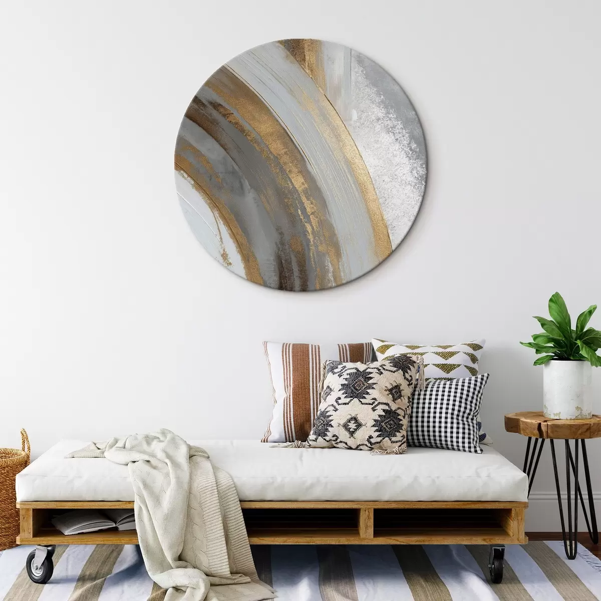 Ronde schilderijen Abstracte grijze en gele halve cirkels r45809