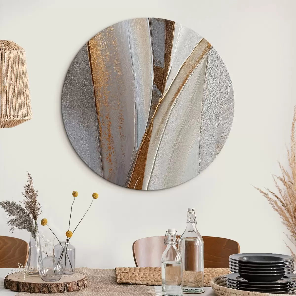 Ronde schilderijen Getextureerde abstracte lijnen met gele en oranje glitters r45810