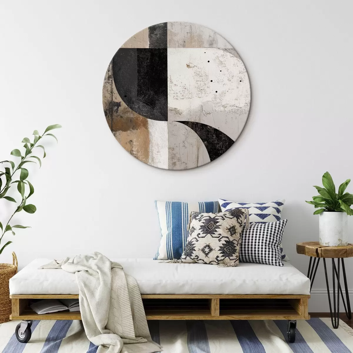 Ronde schilderijen Geometrische vormen in beige en zwarte tinten r45811