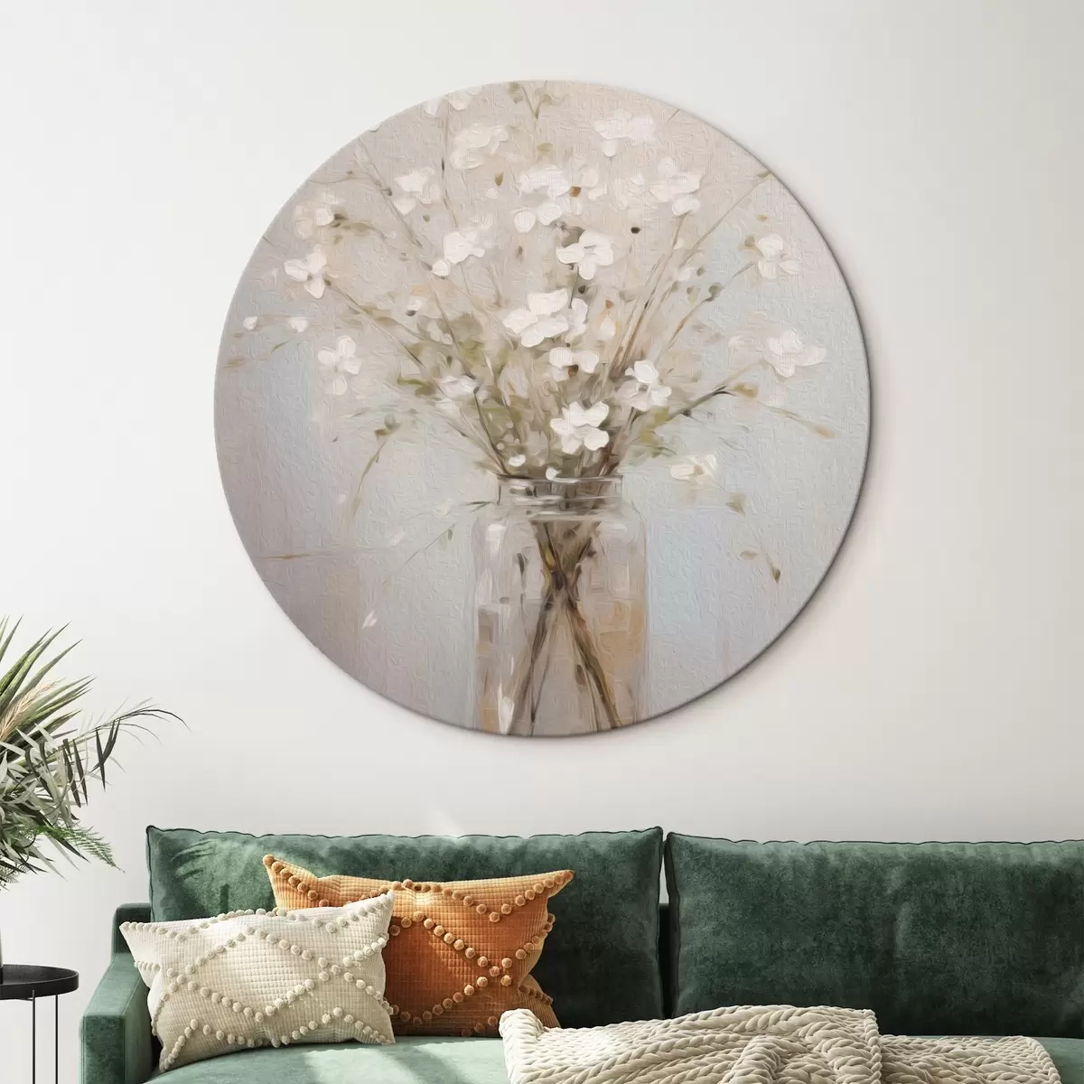 Ronde schilderijen Een boeket witte bloemen in een transparante glazen vaas r45814