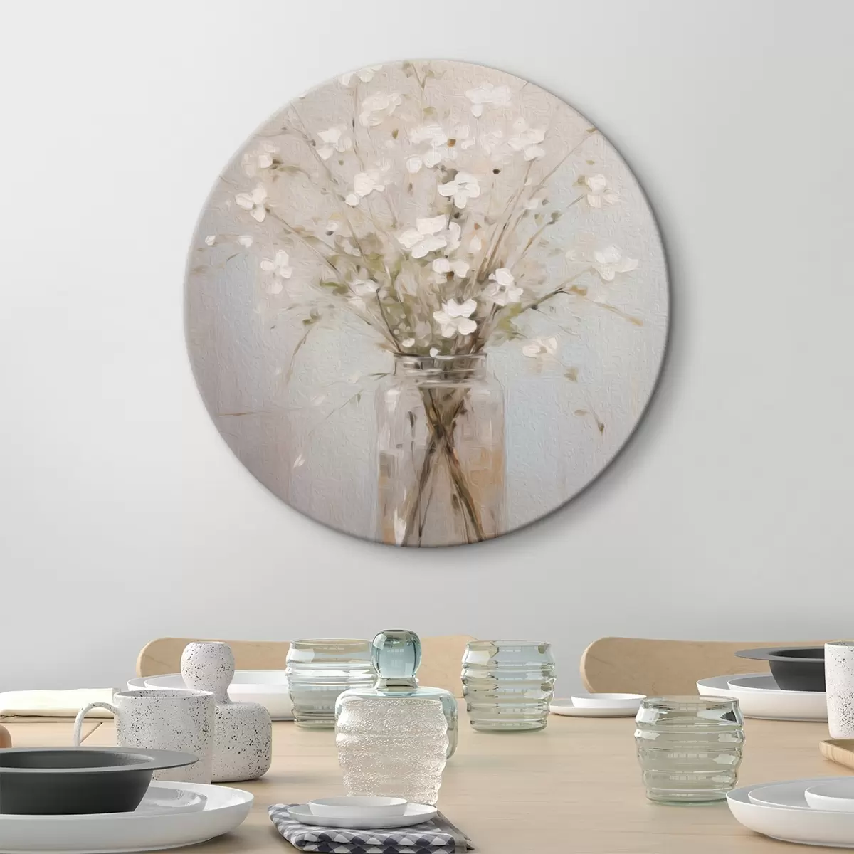 Ronde schilderijen Een boeket witte bloemen in een transparante glazen vaas r45814