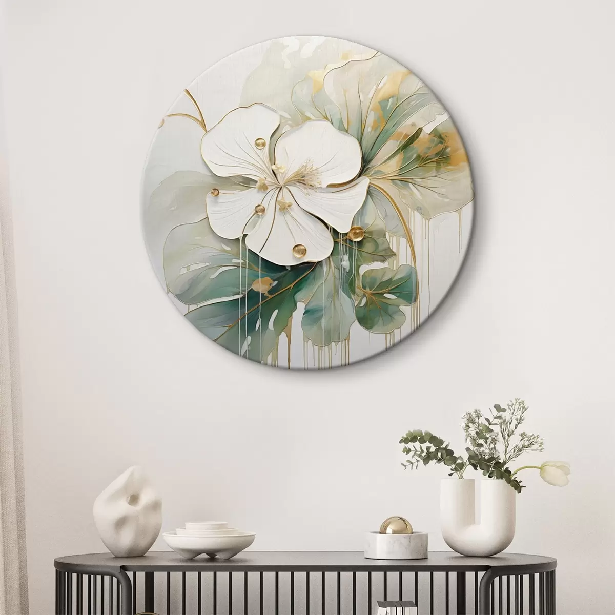 Ronde schilderijen Een witte bloem met geeloranje details en groene bladeren r45815