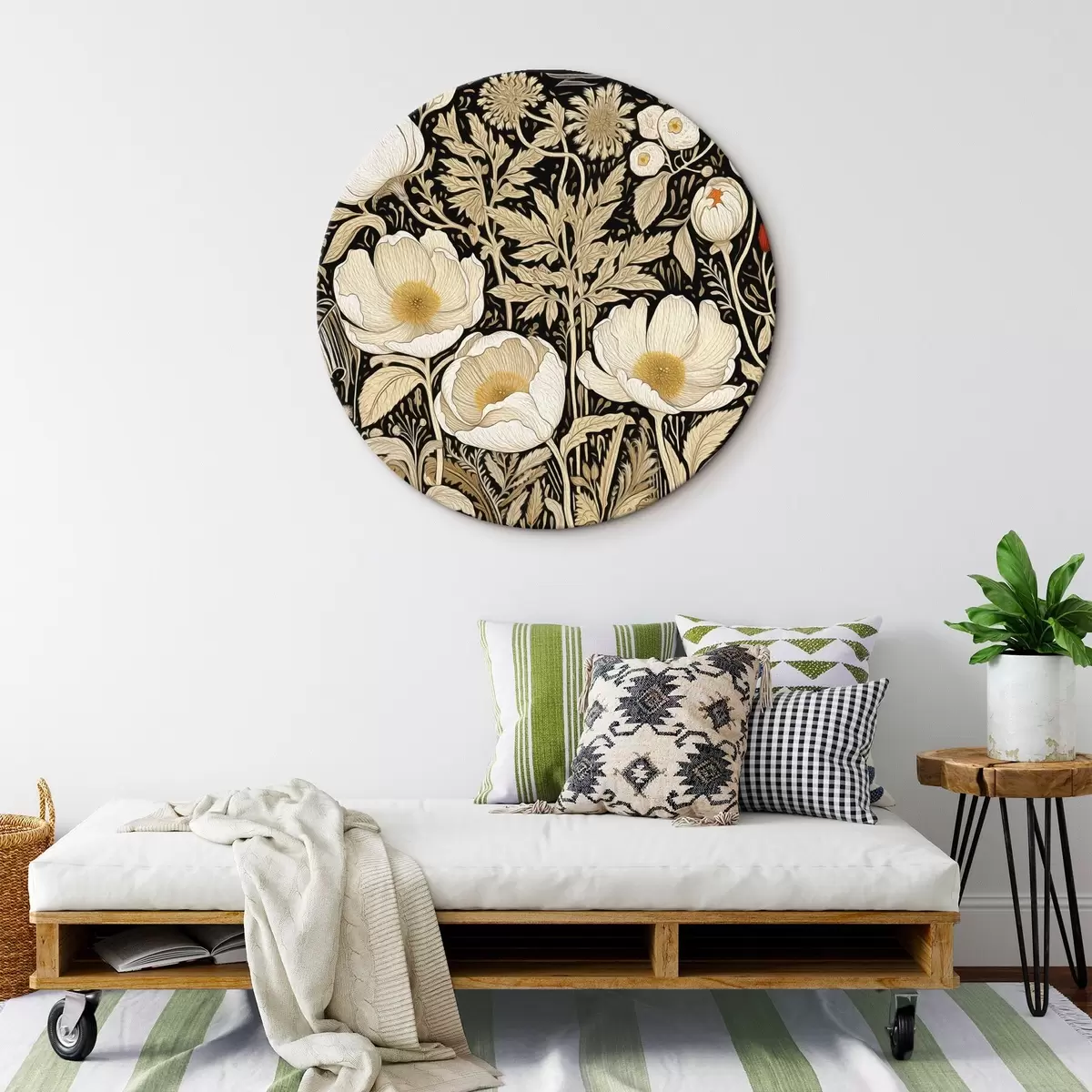 Ronde schilderijen Crèmekleurige bloemen en grassen op een zwarte achtergrond r45816