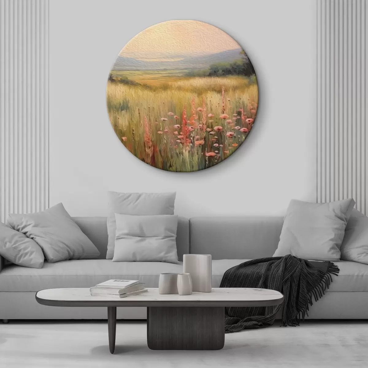 Ronde schilderijen Landschap met bloemen bij zonsondergang r45818