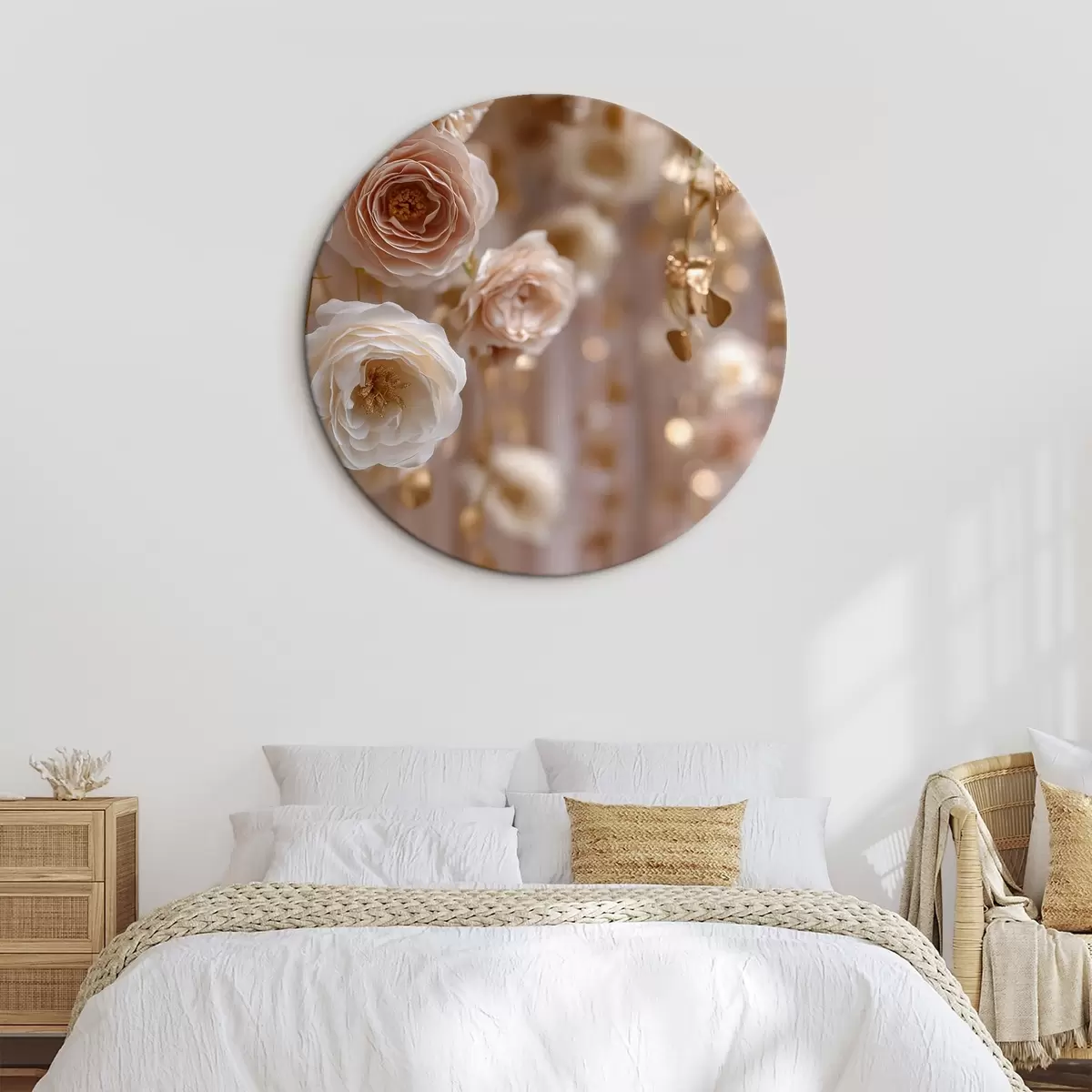 Ronde schilderijen Crèmekleurige rozen met gouden accenten r45824