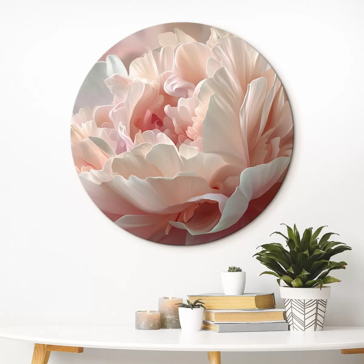 Ronde schilderijen Bloeiende pioenroos in roze en beige tinten r45825
