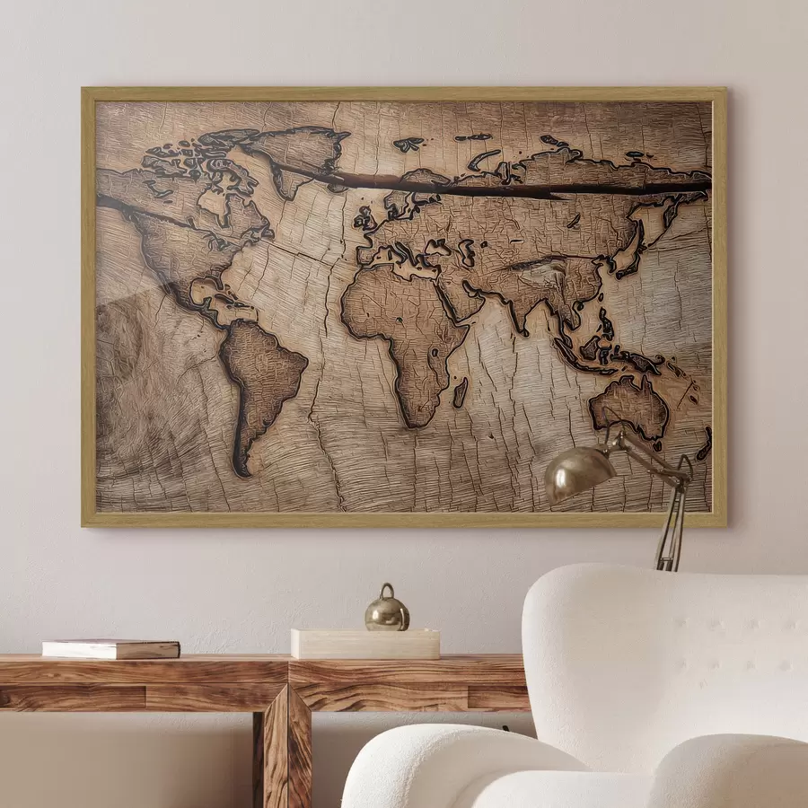 Fotobehang Gegraveerde houten wereldkaart f45805