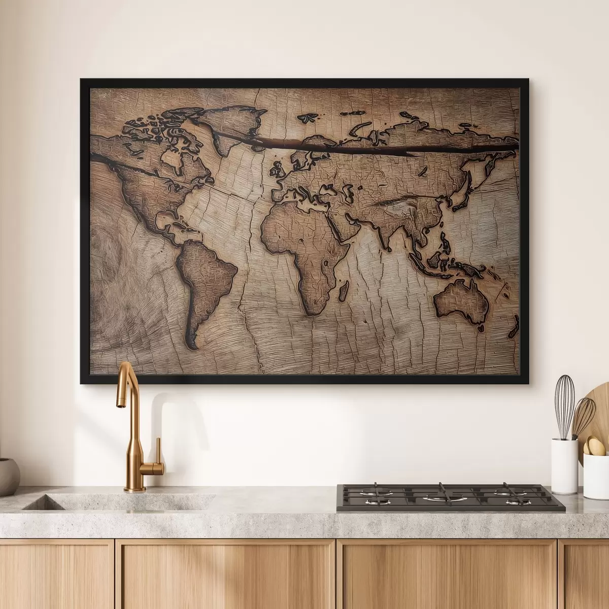 Poster Gegraveerde houten wereldkaart f45805