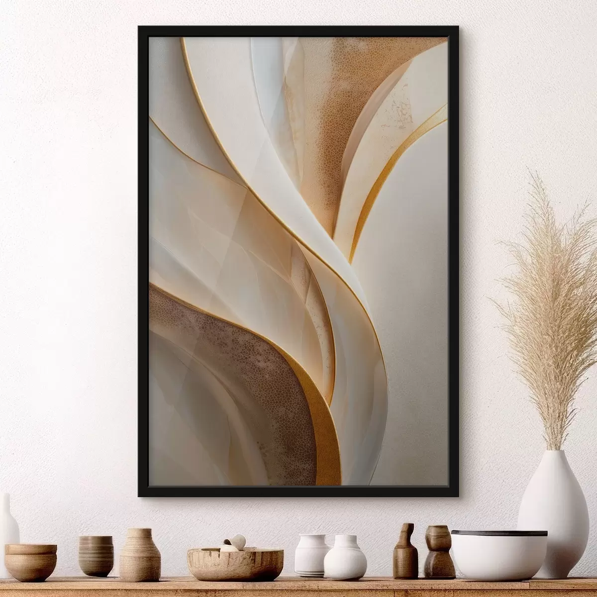Poster Abstracte rondingen met geeloranje en beige accenten f45807
