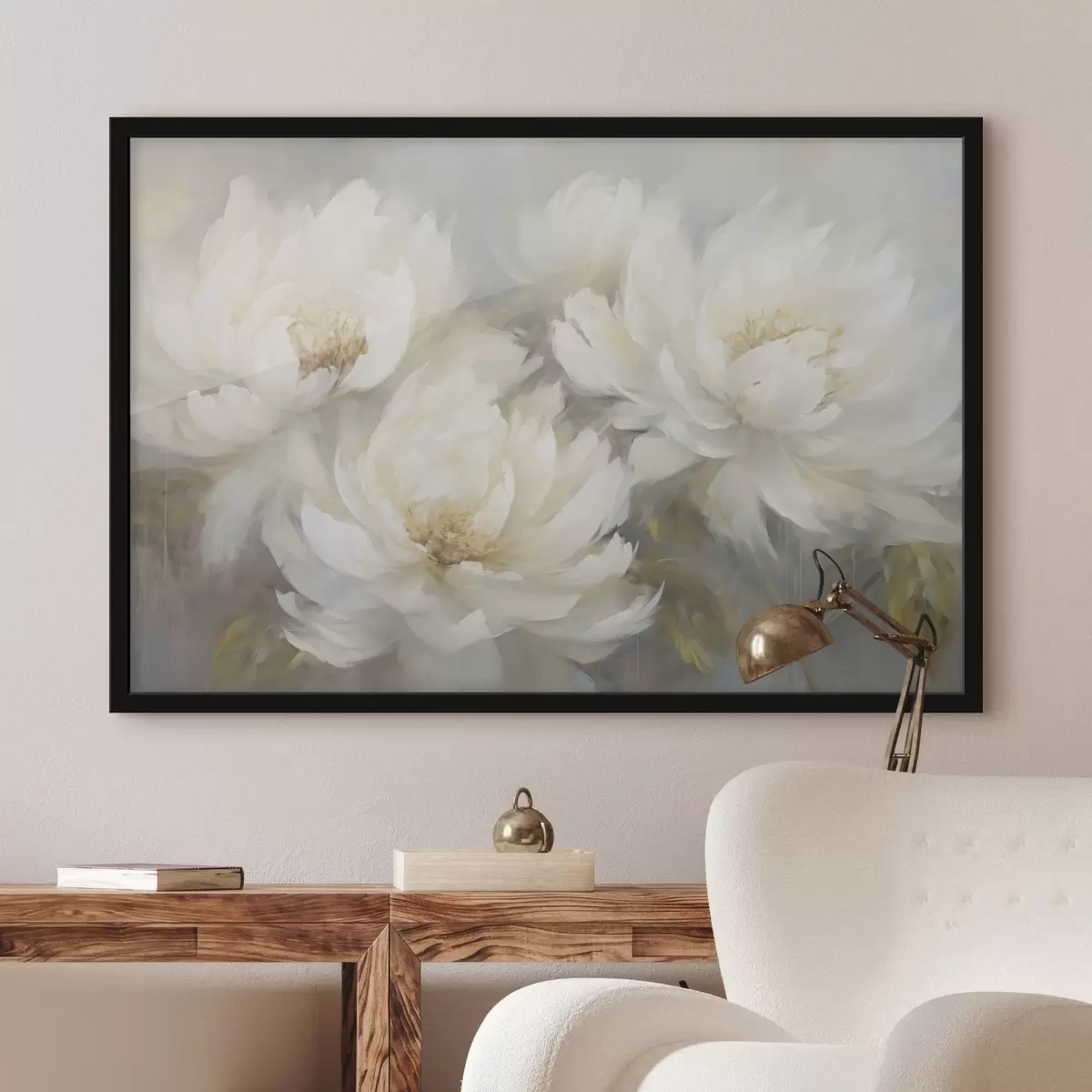 Poster Drie weelderige witte pioenrozen op een delicate achtergrond f45808