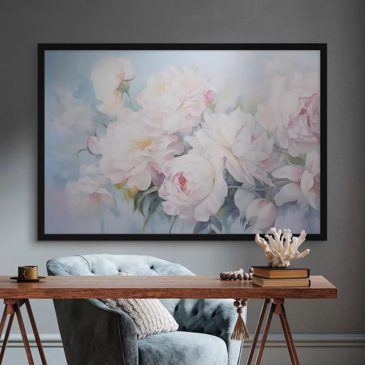 Poster Delicate roze pioenrozen op een hemelsblauwe achtergrond f45813