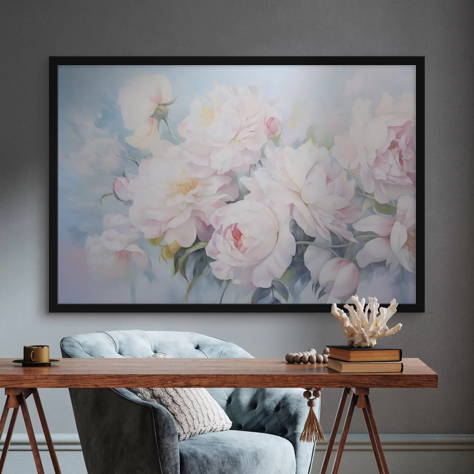 Fotobehang Delicate roze pioenrozen op een hemelsblauwe achtergrond f45813