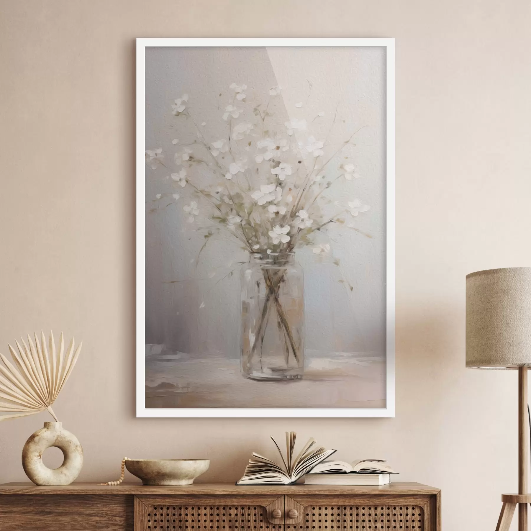 Fotobehang Een boeket witte bloemen in een transparante glazen vaas f45814
