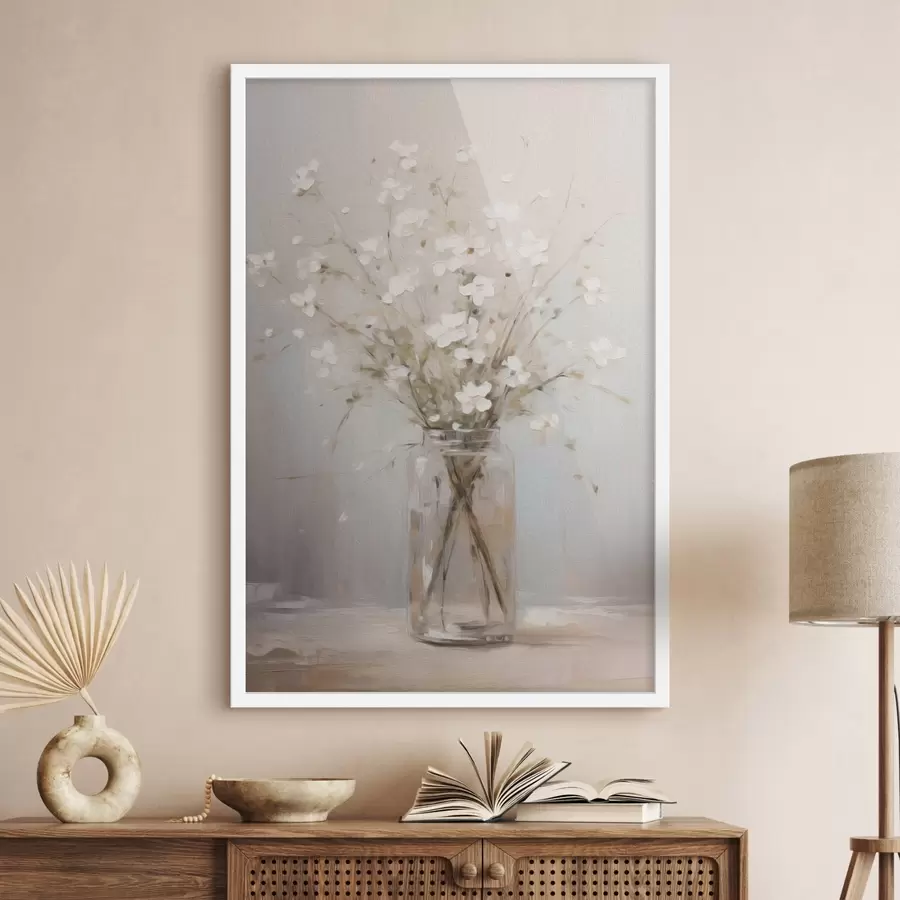 Fotobehang Een boeket witte bloemen in een transparante glazen vaas f45814
