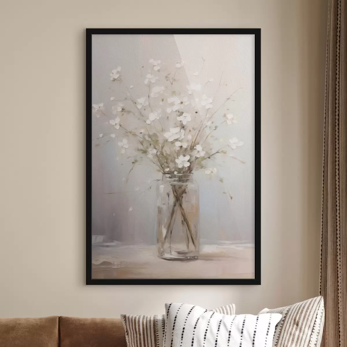 Poster Een boeket witte bloemen in een transparante glazen vaas f45814
