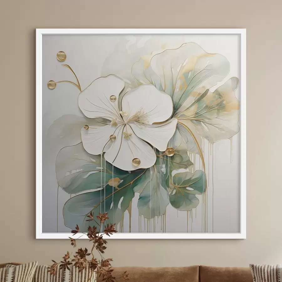 Fotobehang Een witte bloem met geeloranje details en groene bladeren f45815