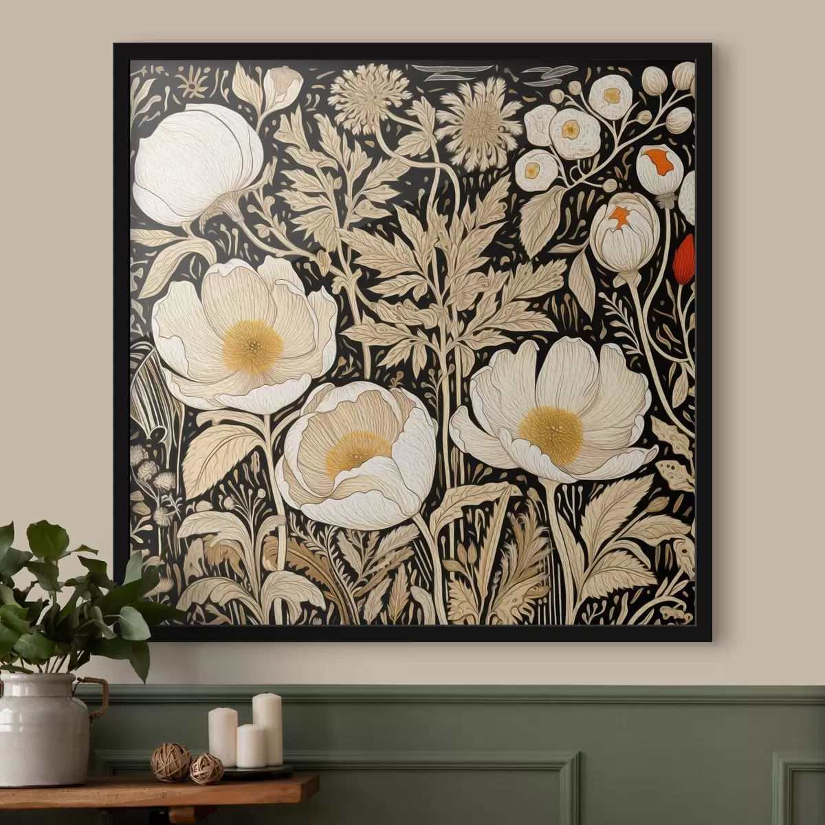 Poster Crèmekleurige bloemen en grassen op een zwarte achtergrond f45816