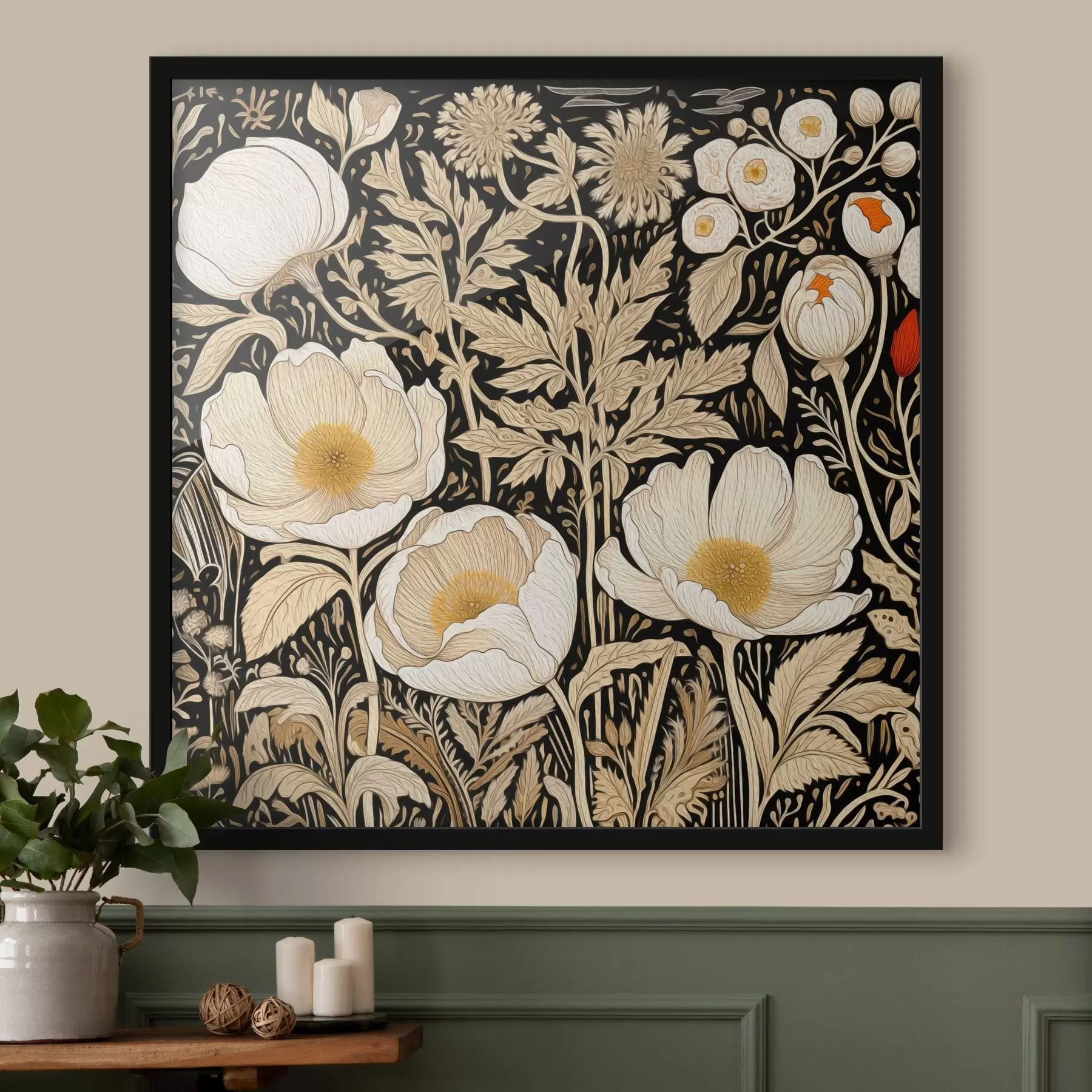 Fotobehang Crèmekleurige bloemen en grassen op een zwarte achtergrond f45816