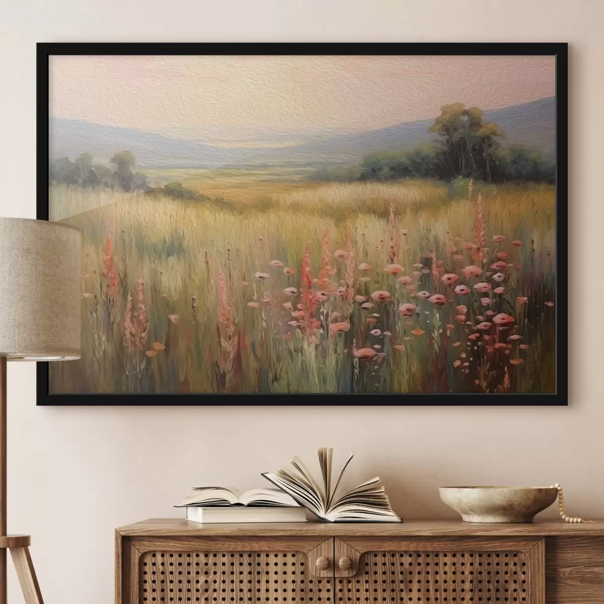 Poster Landschap met bloemen bij zonsondergang f45818
