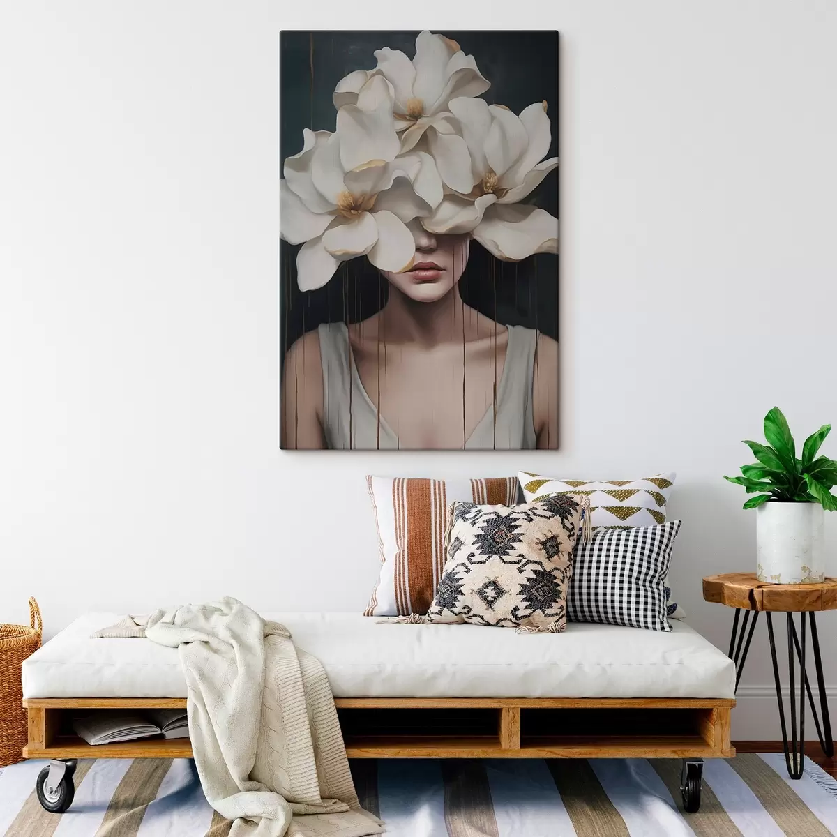  Schilderijen Vrouw met witte bloemen op haar hoofd s45843