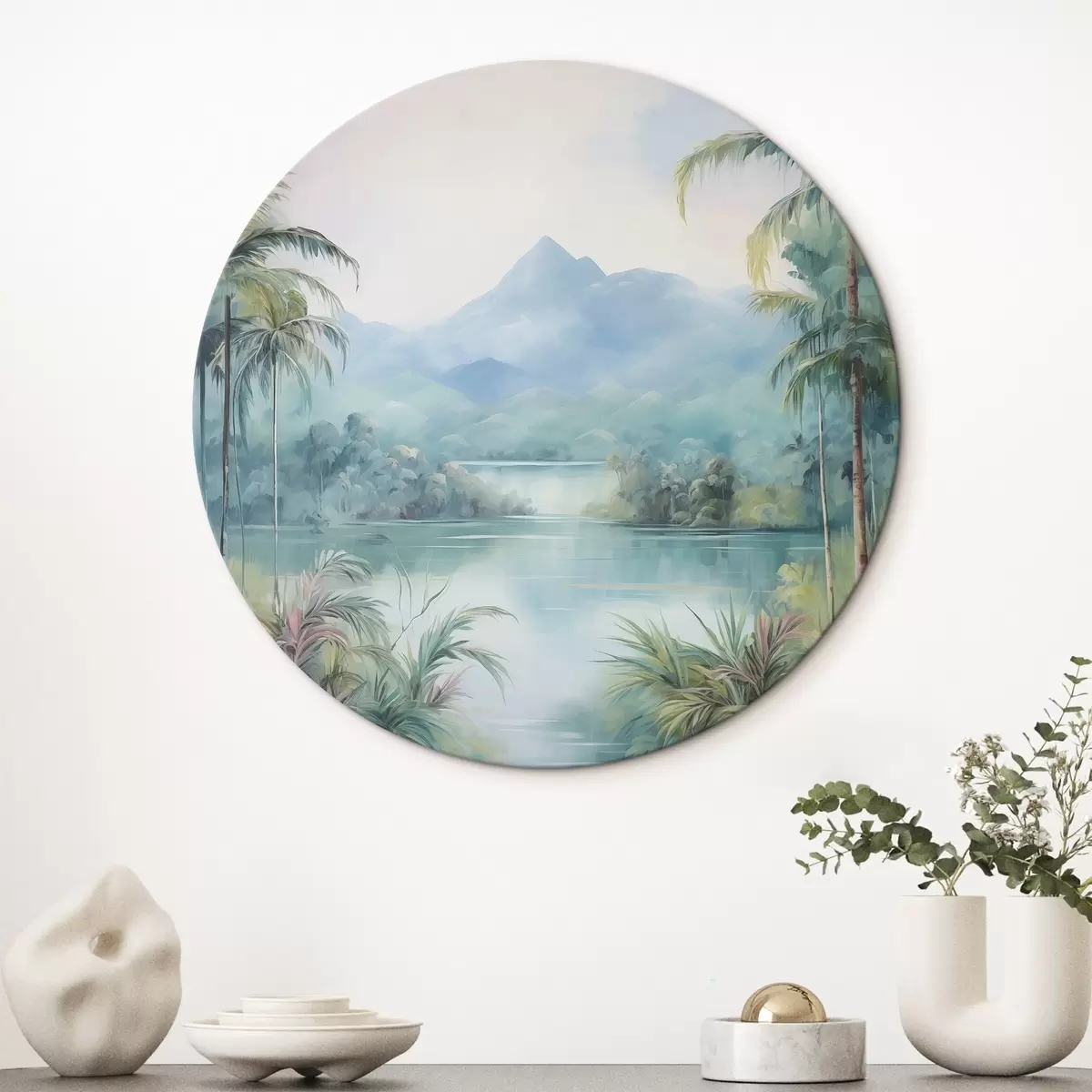 Ronde schilderijen Rivier in de jungle voor de berg r45912