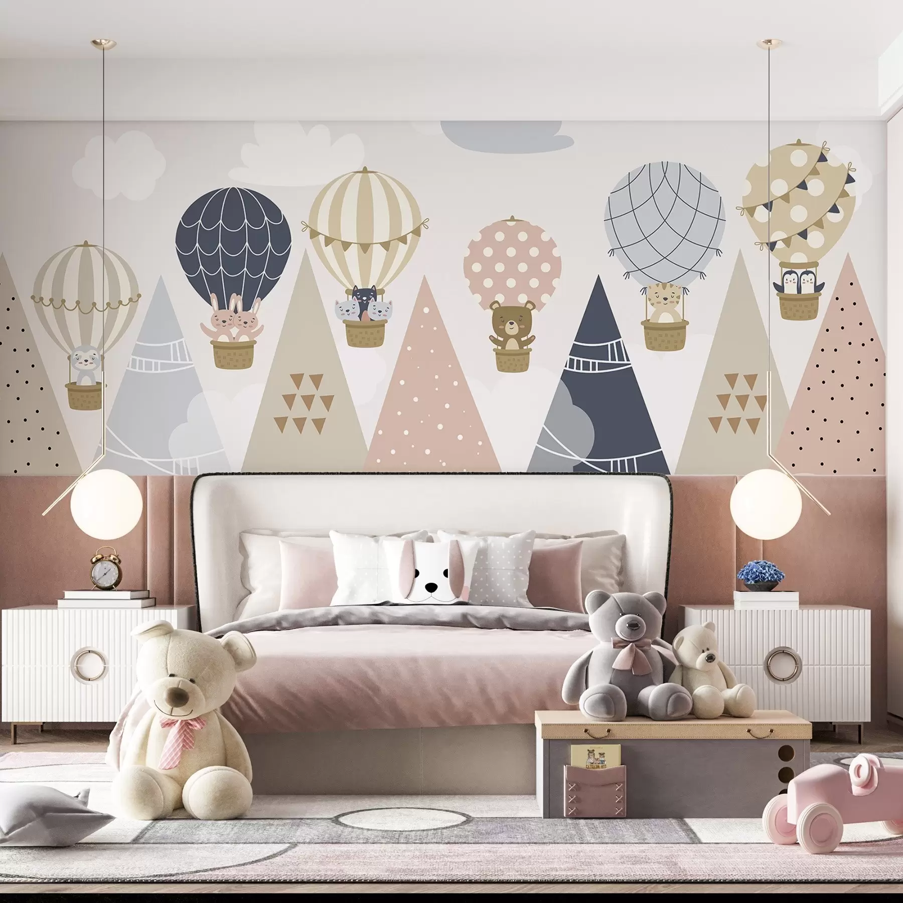 Fotobehang Ballonnen met dieren boven de bergen w04587
