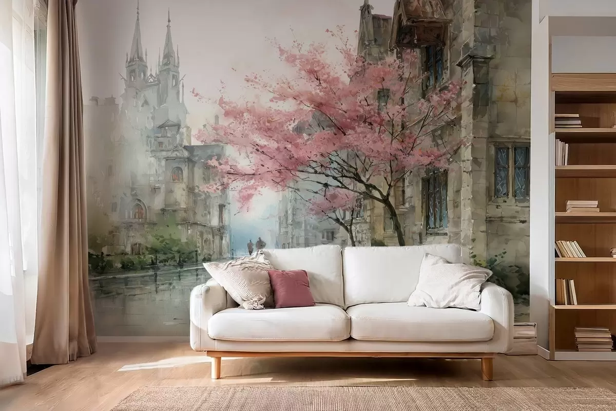 Fotobehang stadsgezicht in aquarelstijl w04500