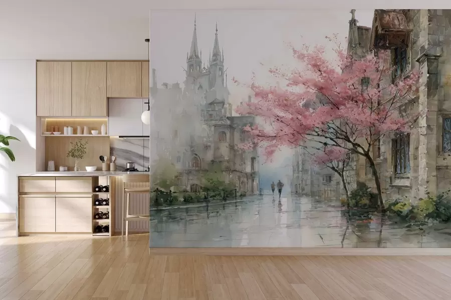 Fotobehang stadsgezicht in aquarelstijl w04500