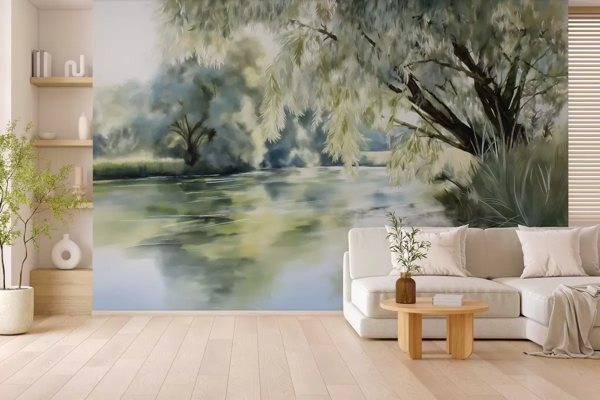 Fotobehang boom in aquarelstijl boven het meer w04501