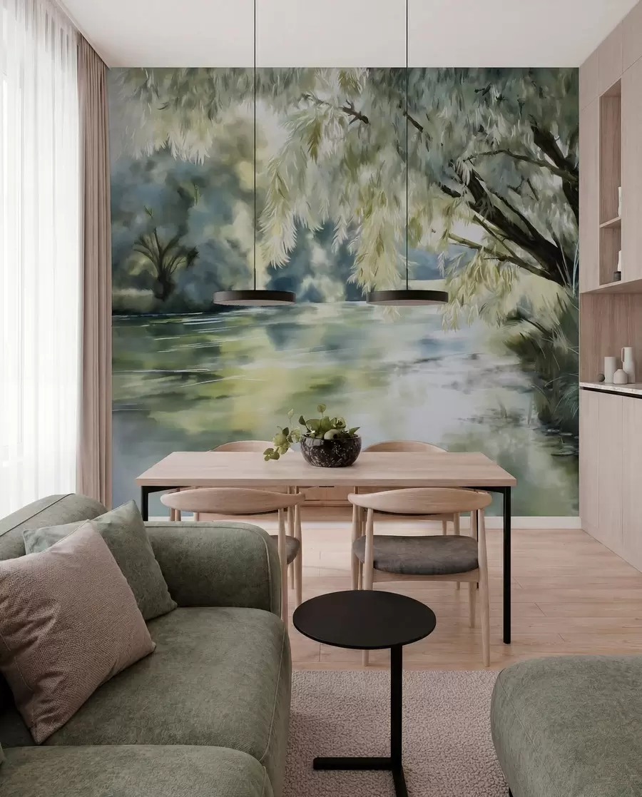 Fotobehang boom in aquarelstijl boven het meer w04501