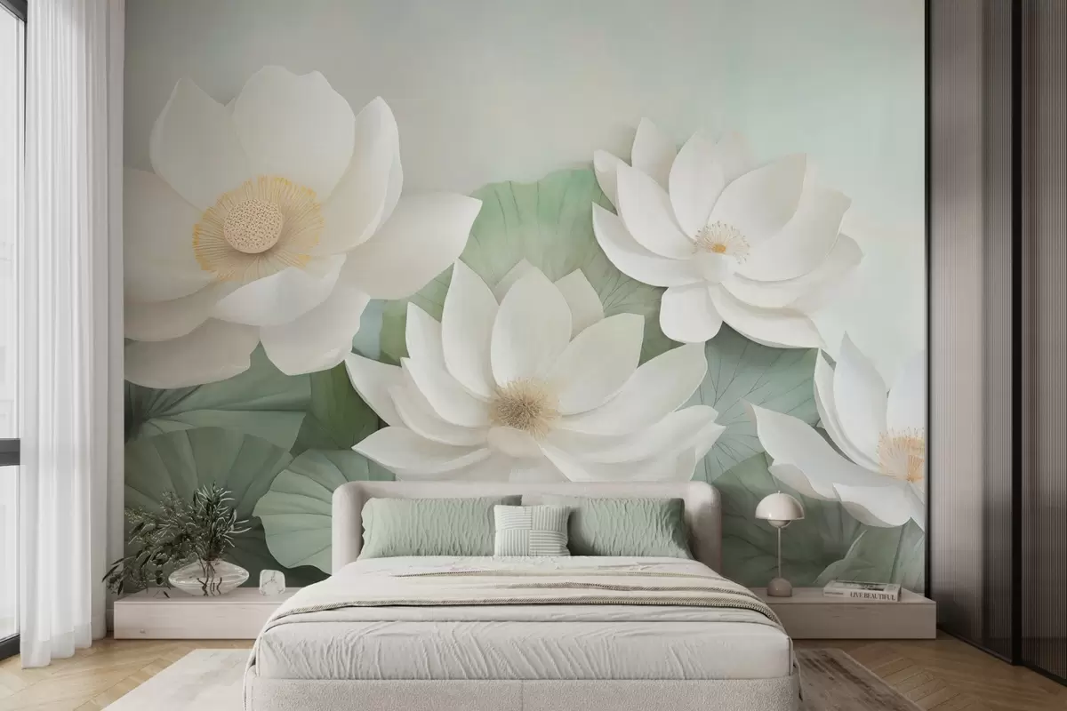 Fotobehang Lotusbloemen in gebladerte w04539