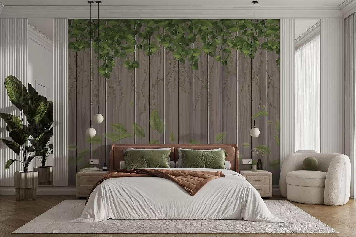 Fotobehang Imitatiehouten planken met hangende bladeren w04603