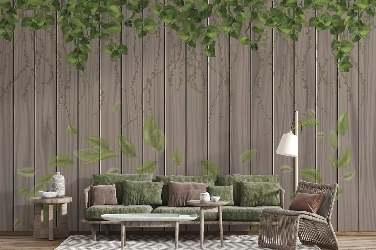 Fotobehang Imitatiehouten planken met hangende bladeren w04603