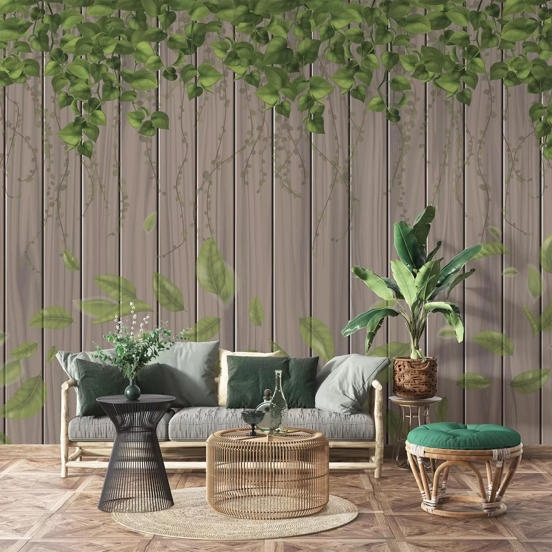 Fotobehang Imitatiehouten planken met hangende bladeren w04603
