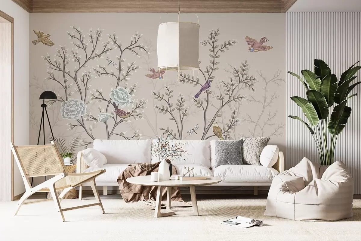 Fotobehang Bomen met vogels en bloemen w04605