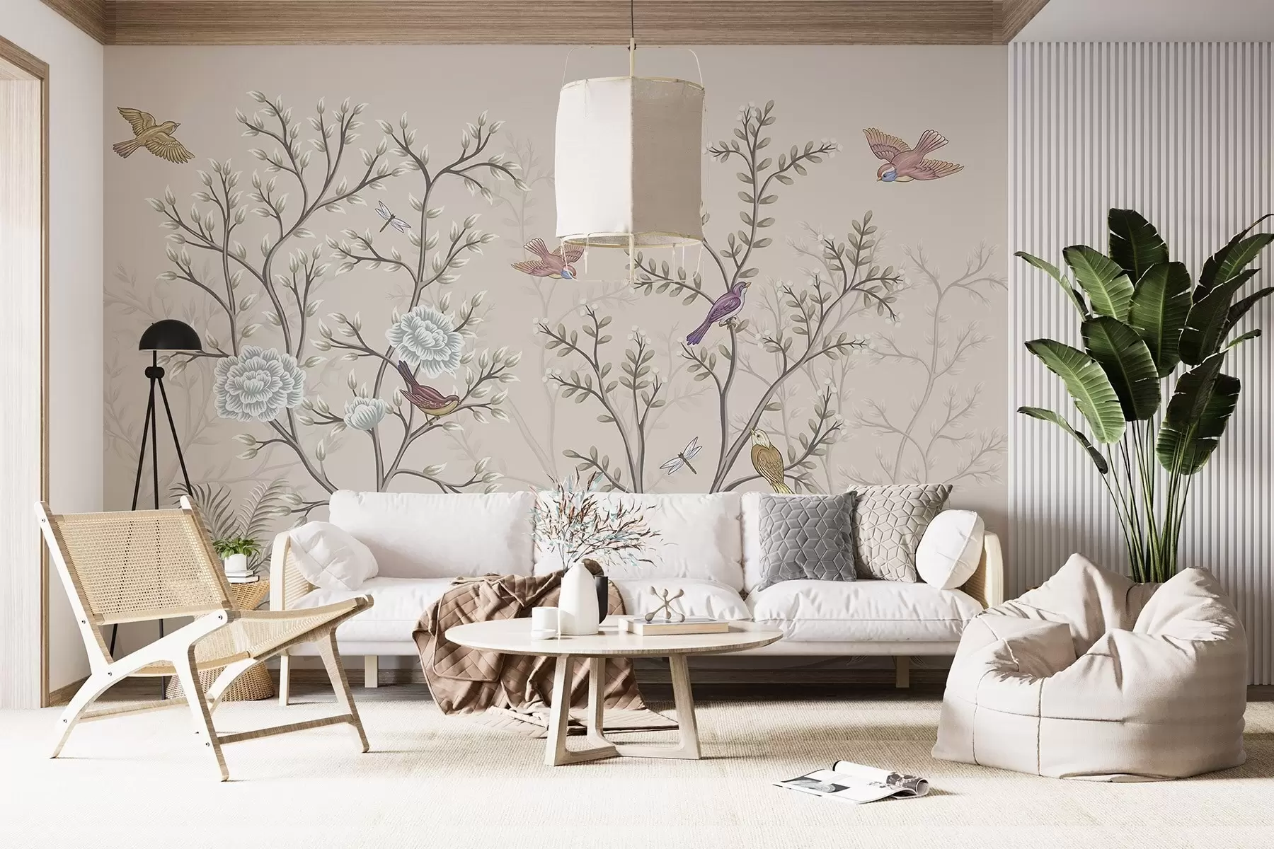 Fotobehang Bomen met vogels en bloemen w04605