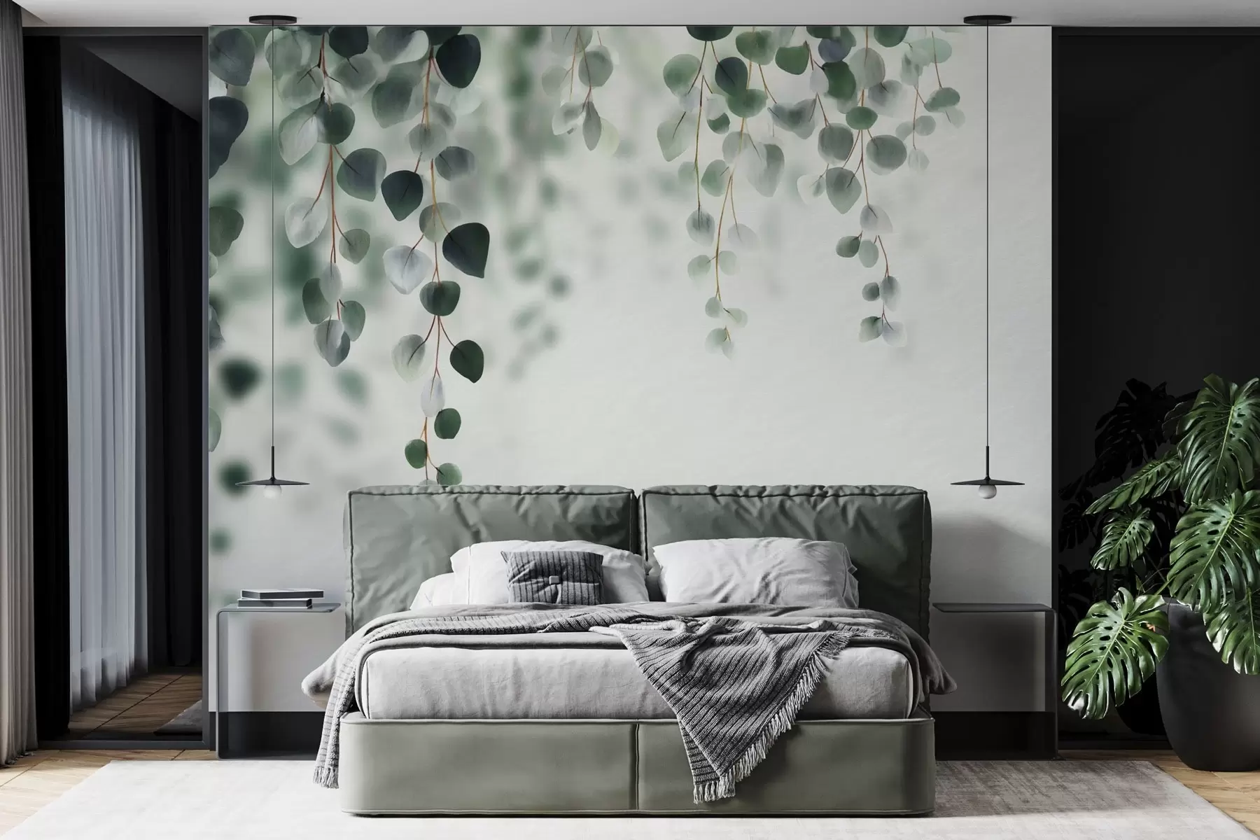 Fotobehang Vallende eucalyptus op een lichte achtergrond w04393