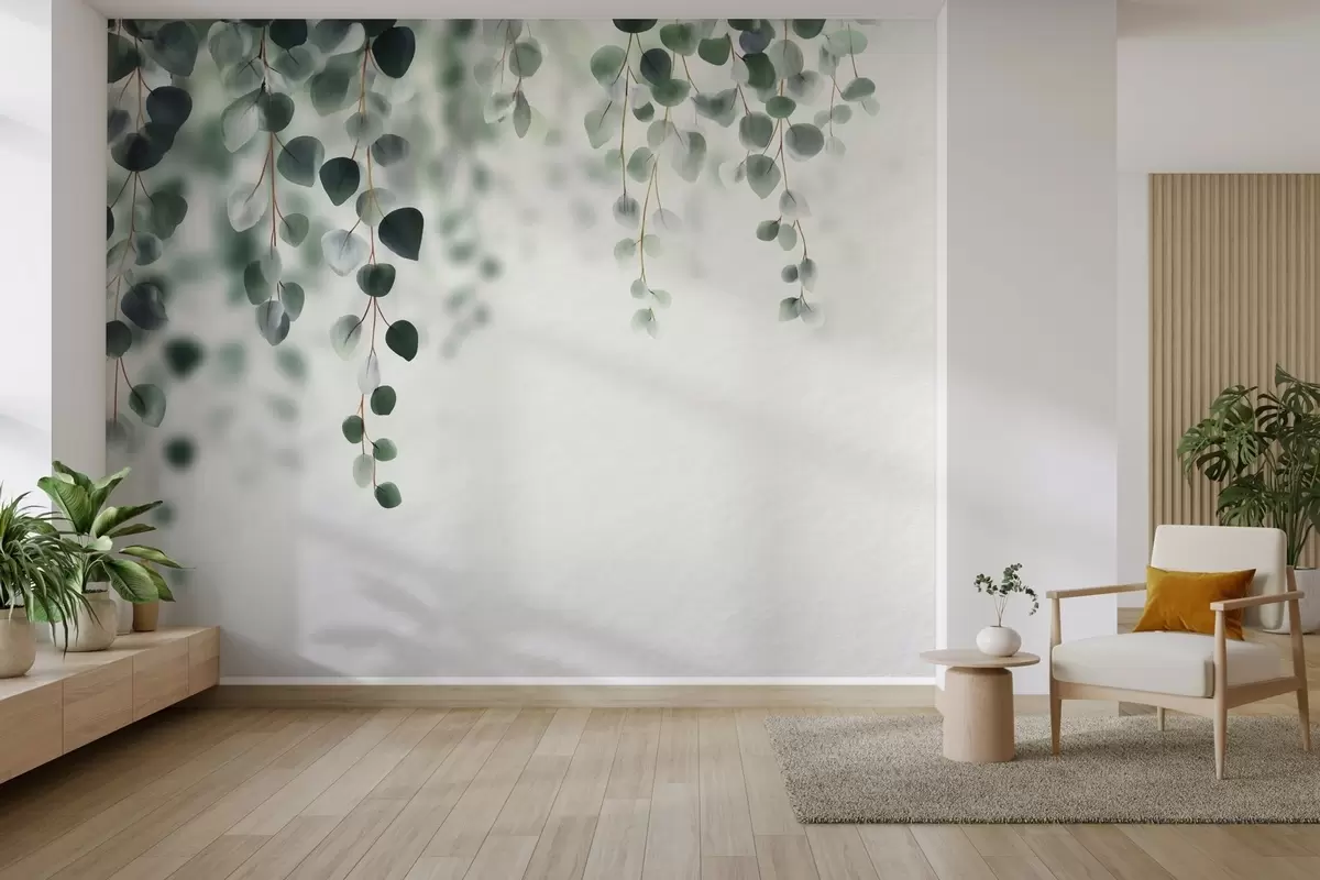 Fotobehang Vallende eucalyptus op een lichte achtergrond w04393