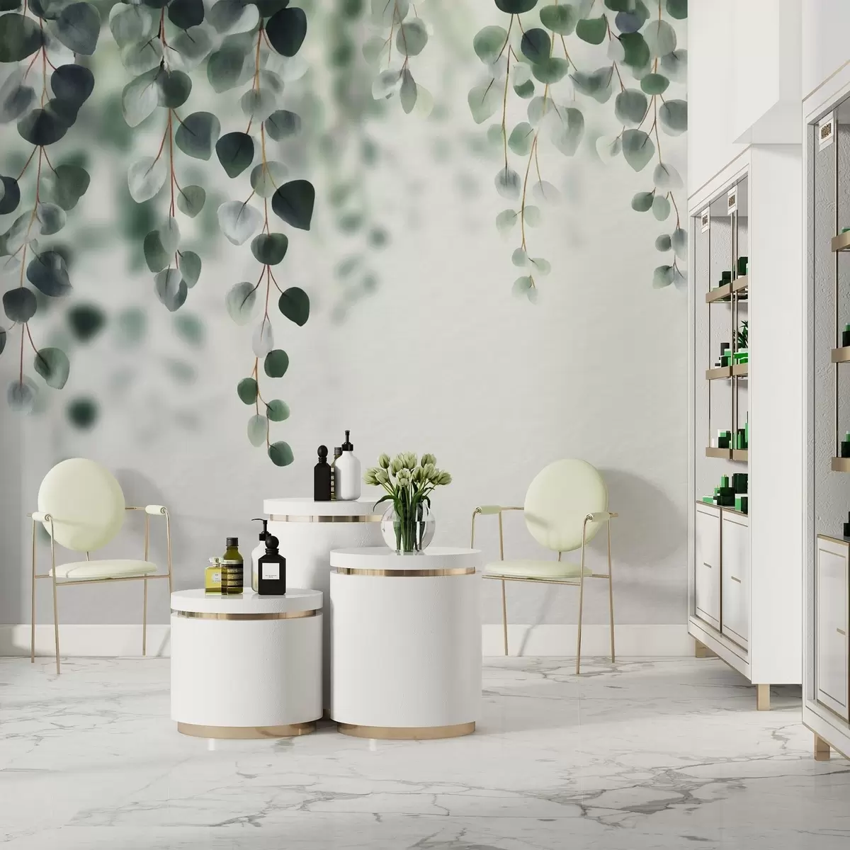 Fotobehang Vallende eucalyptus op een lichte achtergrond w04393