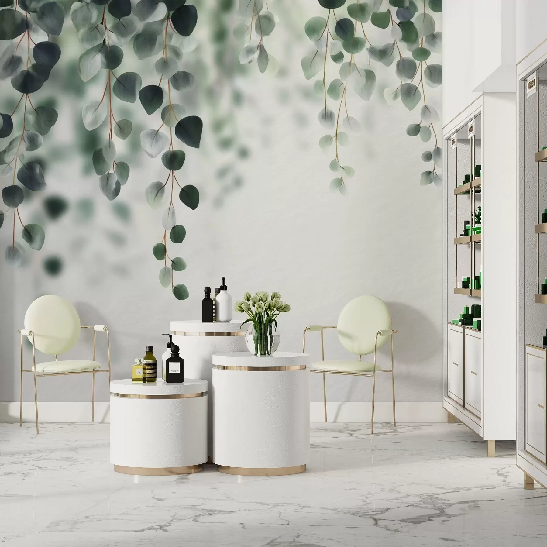 Fotobehang Vallende eucalyptus op een lichte achtergrond w04393