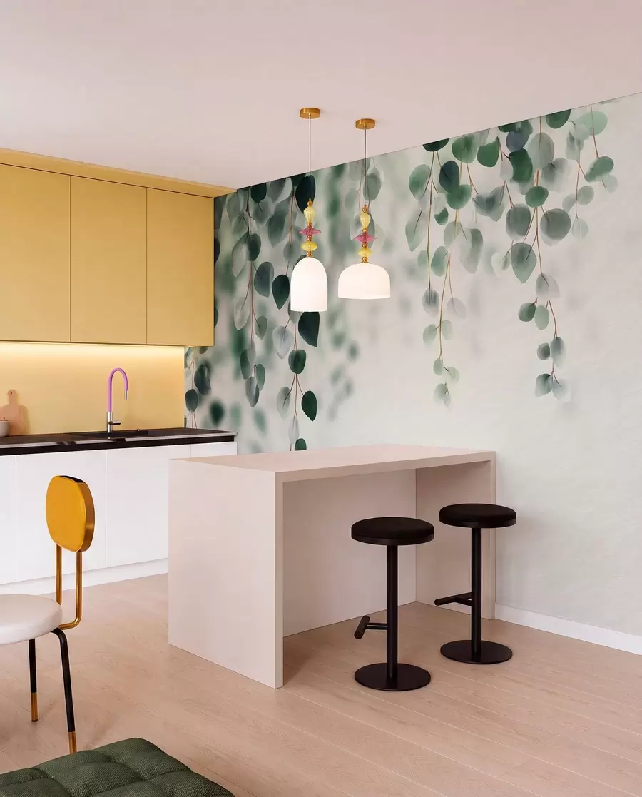 Fotobehang Vallende eucalyptus op een lichte achtergrond w04393