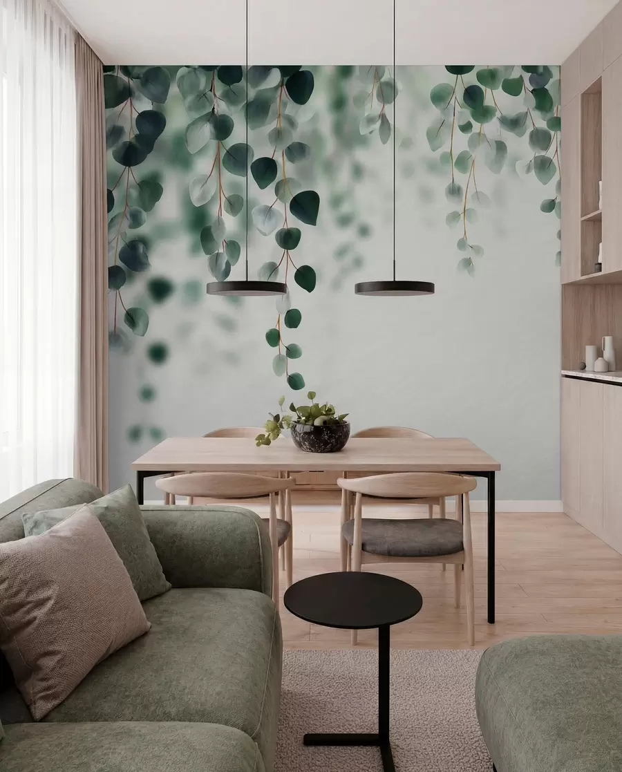 Fotobehang Vallende eucalyptus op een lichte achtergrond w04393