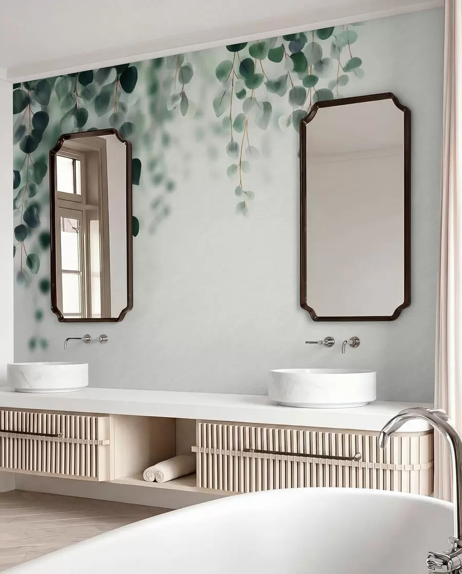 Fotobehang Vallende eucalyptus op een lichte achtergrond w04393