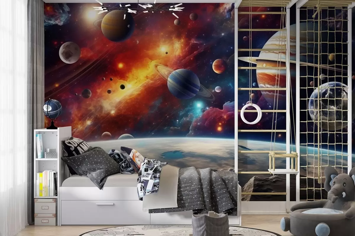 Fotobehang Kleurrijke kosmos met planeten en nevels w04576