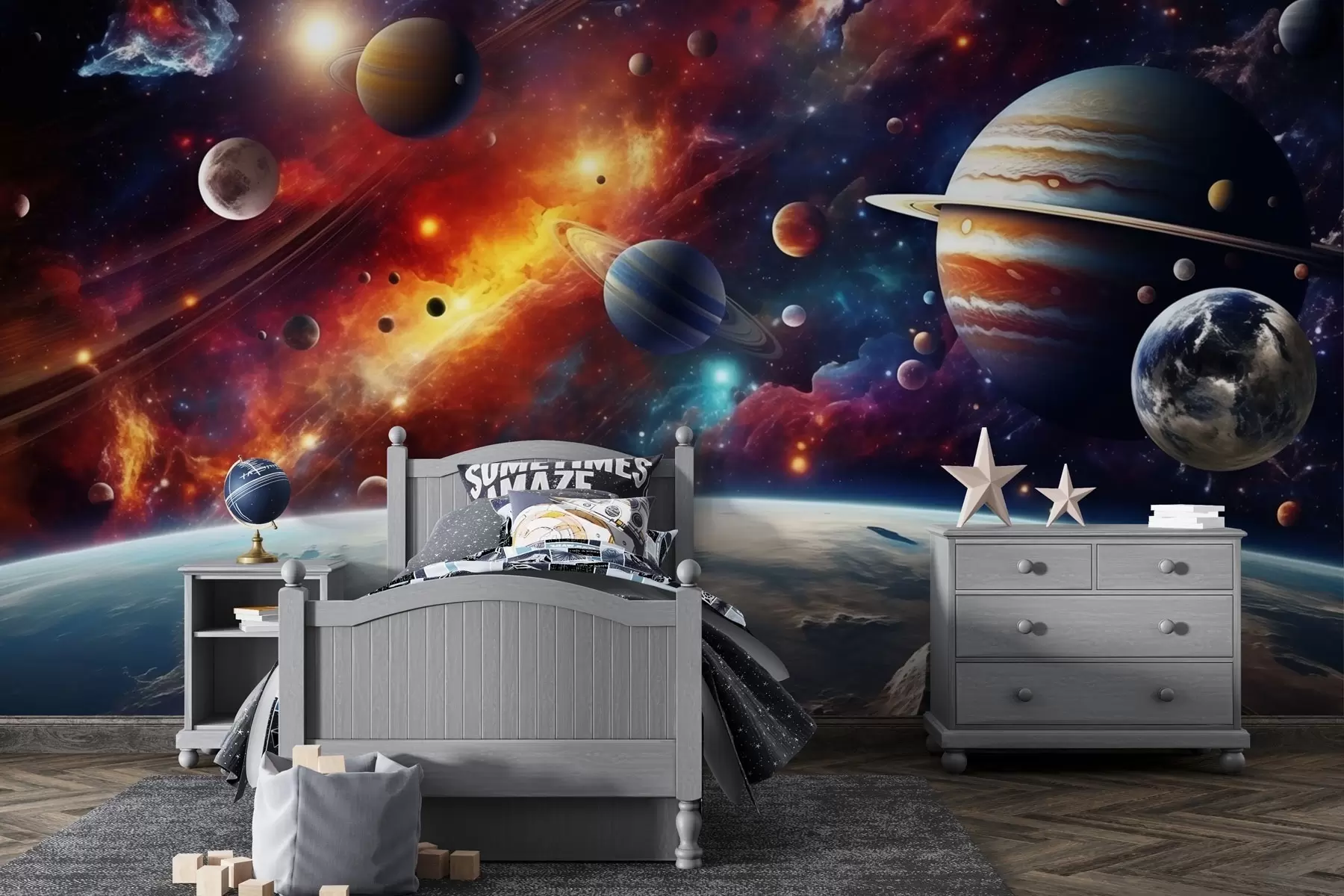 Fotobehang Kleurrijke kosmos met planeten en nevels w04576