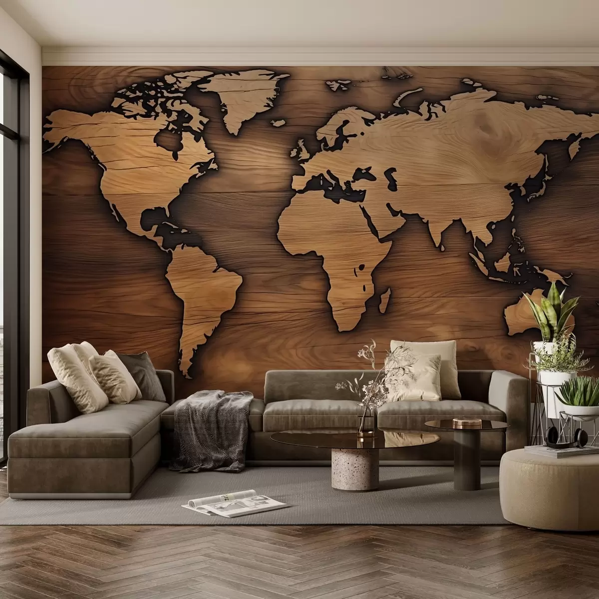Fotobehang Houten wereldkaart met reliëf uitsparing w04577